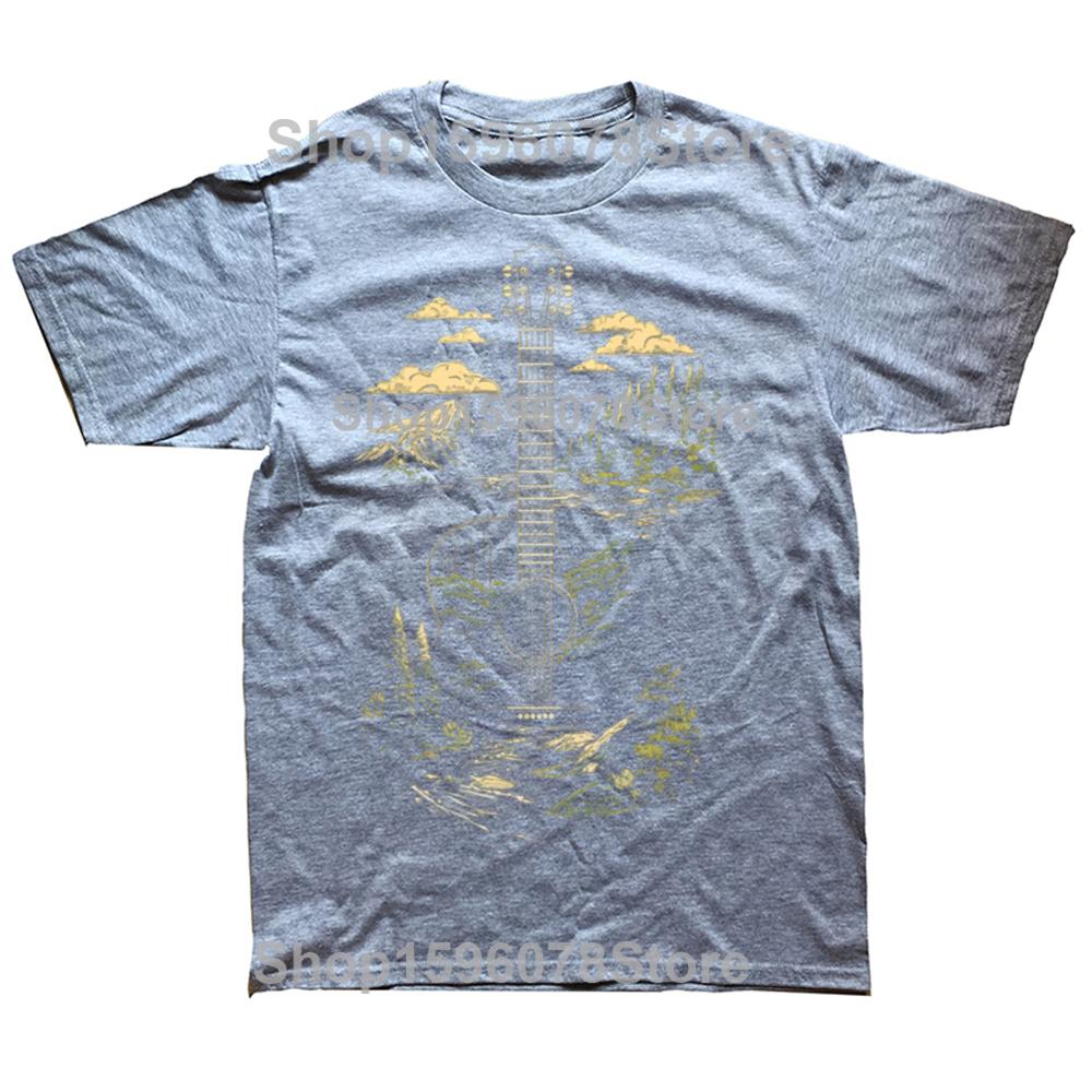 Acoustic Guitar Nature Forest Mountain Art 100% Cotton T-shirts Men Print Tshirt Loose Oversized Streetwear Hip Hop T Shirt