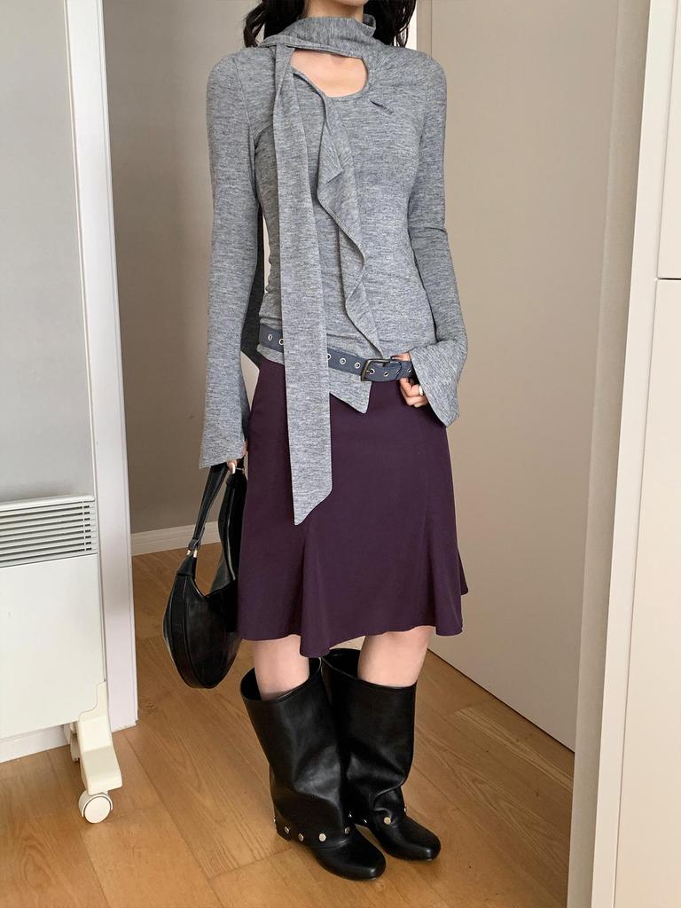 LOOPIN Spring Asymmetrical Textured Ruffled Knit T-shirt for Women