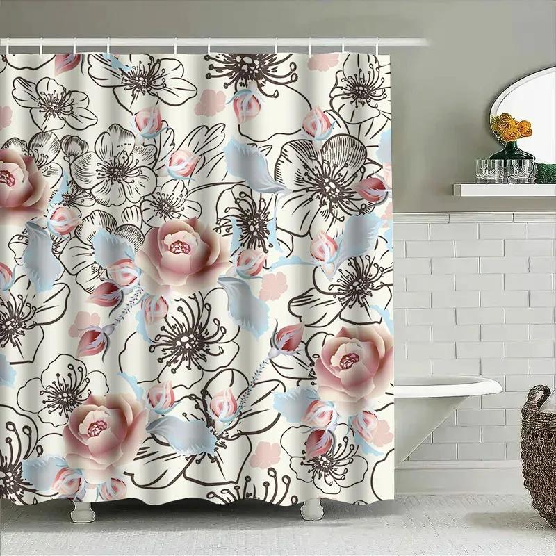 Artistic Floral Shower Curtain Modern Decoration Bathroom Decoration Pink White Blue Black Floral Print Shower Curtain