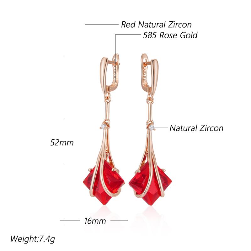 Square Red Natural Zircon Long Drop Earrings For Women  Rose Gold Color High Quality Daily Fine Vintage Jewelry