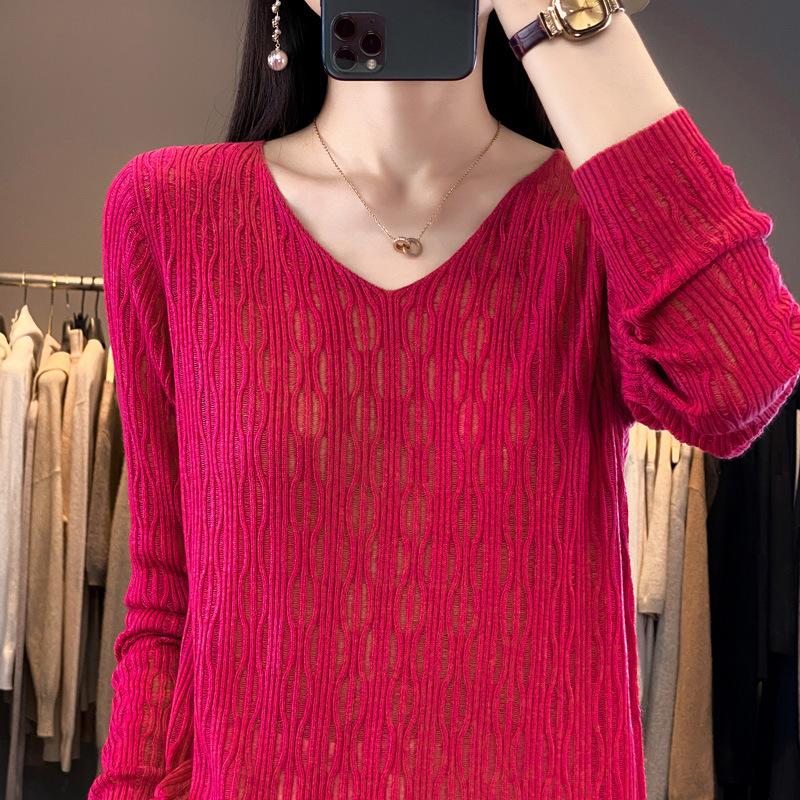 Neues V-Ausschnitt Hollow Bottoming Shirt Damen Pullover Kammgarnwolle leicht transparent lässig locker Pullover Top