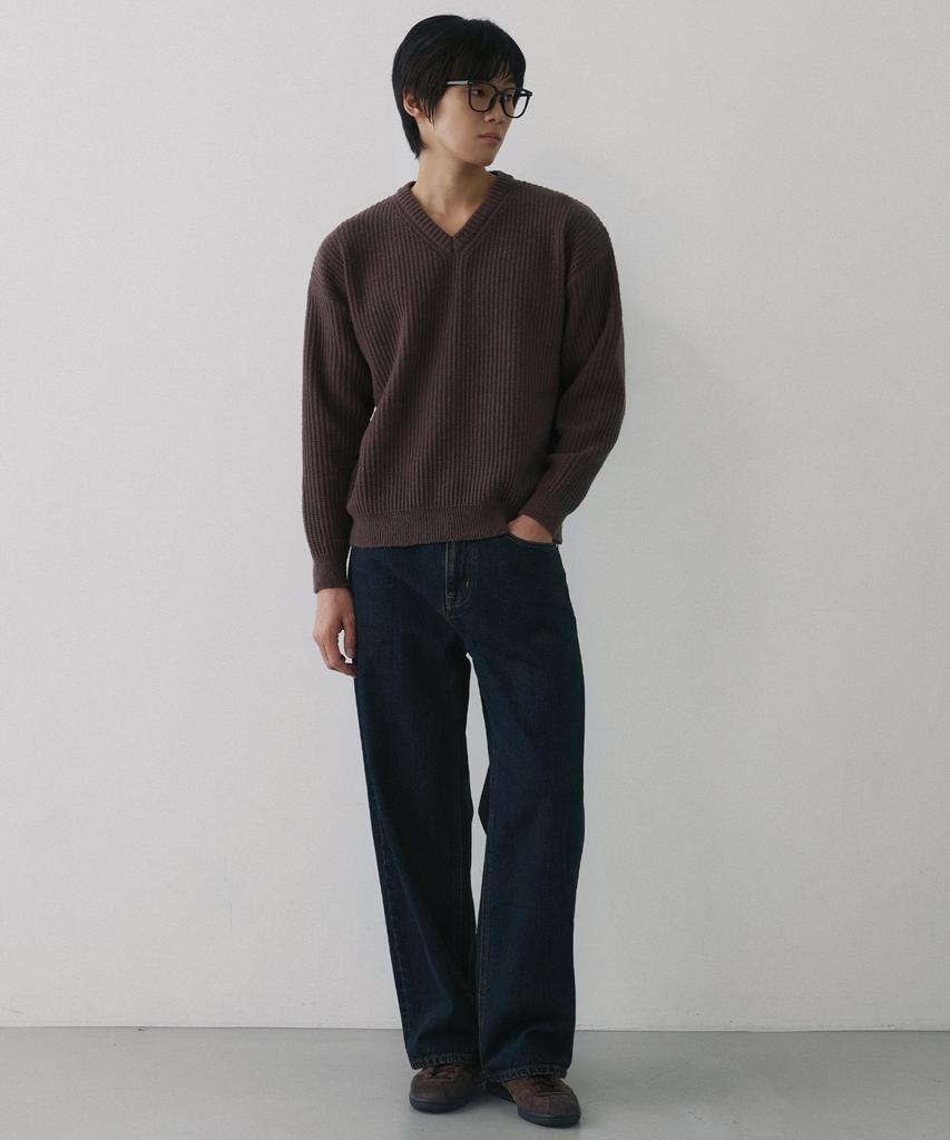 NODU V-Neck Waffle Essential Knit [Brown]