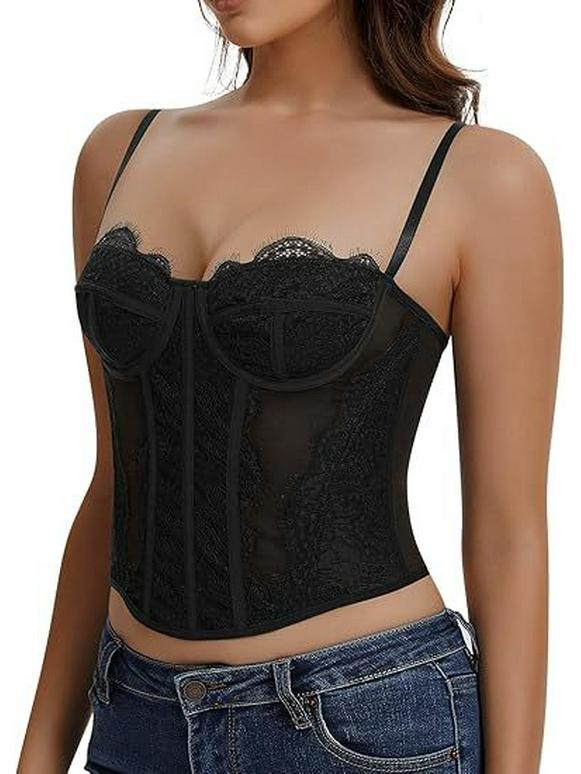 Spicy Girl Eyelash Lace Trim Slim Fishbone Corset Camisole
