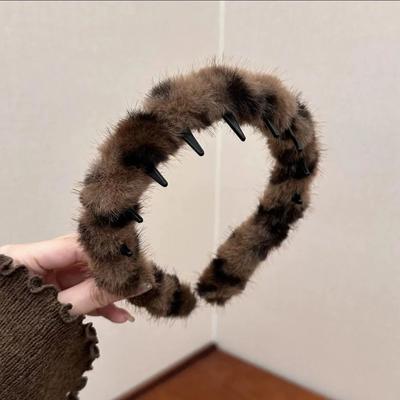 Retro Plush Leopard Wave Headband, High Cranial Pressure Headband Headdress