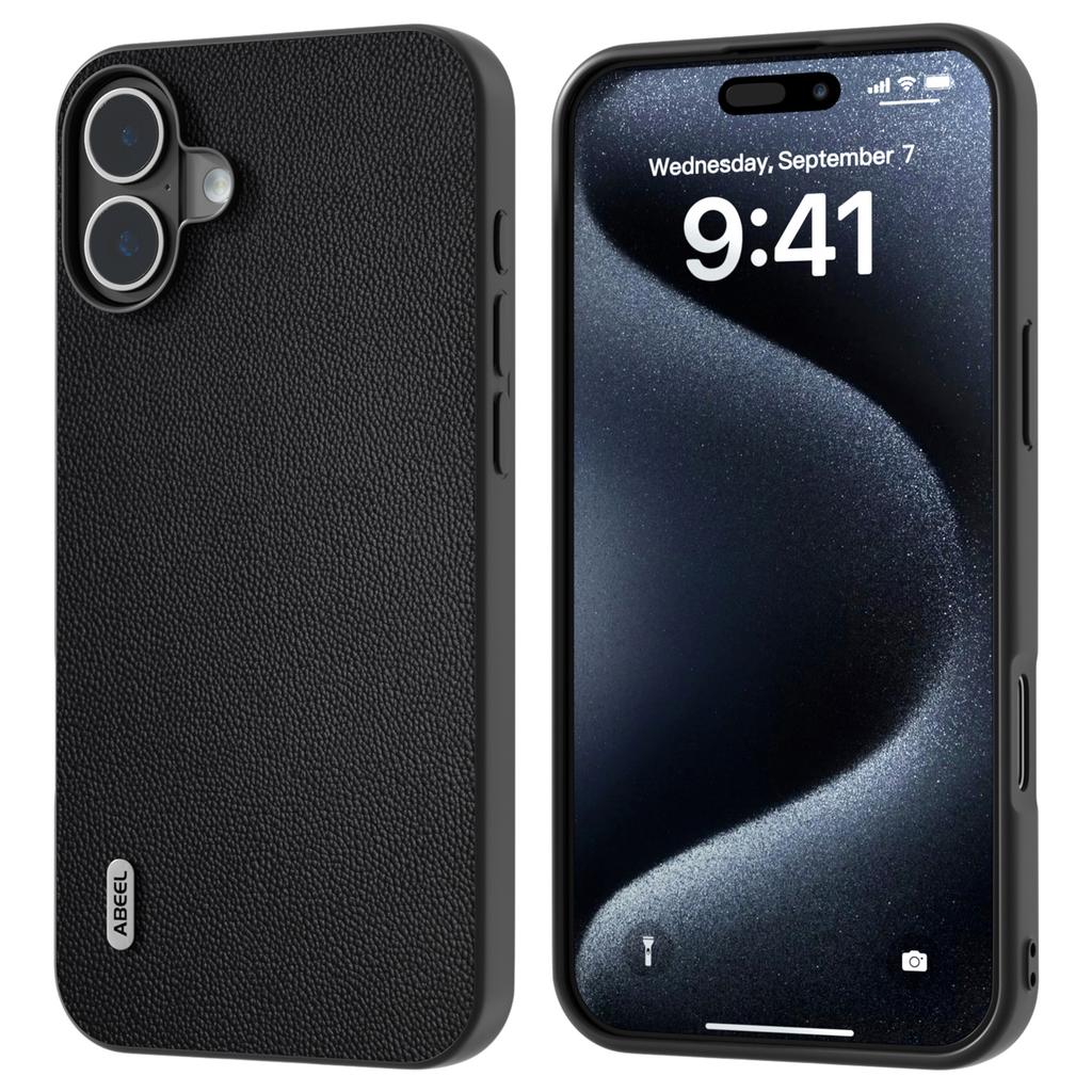 For iPhone 16 Plus Case Genuine Cow Leather Coated PC+TPU Phone Cover