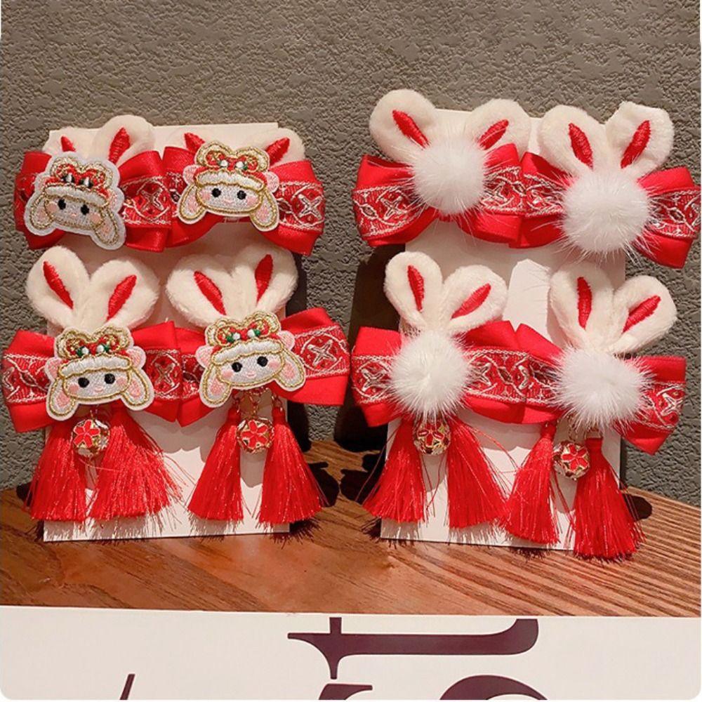 Lion Dance Plush Rabbit Hairpin Bunny Bow Hair Clip Lovely Children Red Hairpin Baby