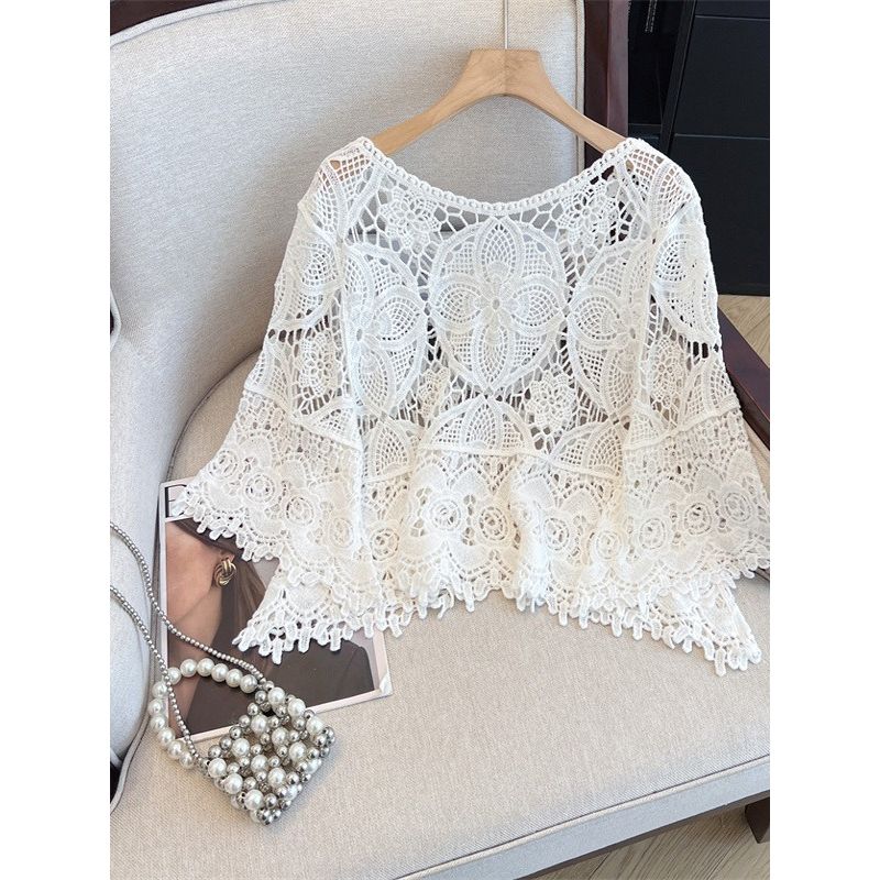 Korean Style Plus size women clothing Chubby Girl Spring/Summer Crochet Hollow Bell Sleeve Knit Casual Shirts Sun Protection Clothing M-4XL