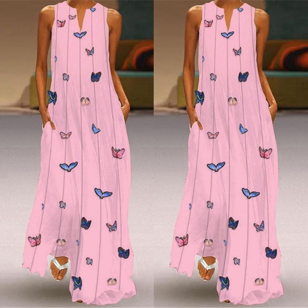 Women Vintage Daily Casual Sleeveless Striped Butterfly Printed  Summer Dress