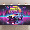 2D Back To The 80s Neon DeLorean Synthwave City Backdrop Tapestry