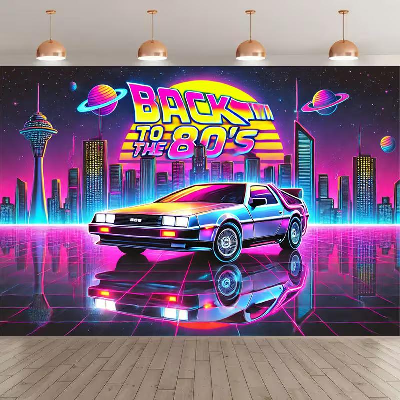 2D Back To The 80s Neon DeLorean Synthwave City Backdrop Tapestry 47.2x31.5inch/120*80cm
