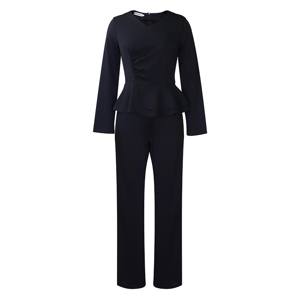 Autumn/Winter OL Ruffled V-Neck Top & Pants European-American Two-Piece Suit
