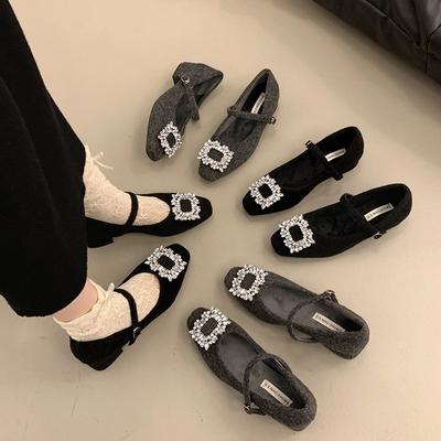 Frans temperament vierkante kop strass steen lichte luxe eenwoord riem fluweel Mary Jane schoenen dames wollen wollen schoenen dames winterkleding enkele schoenen