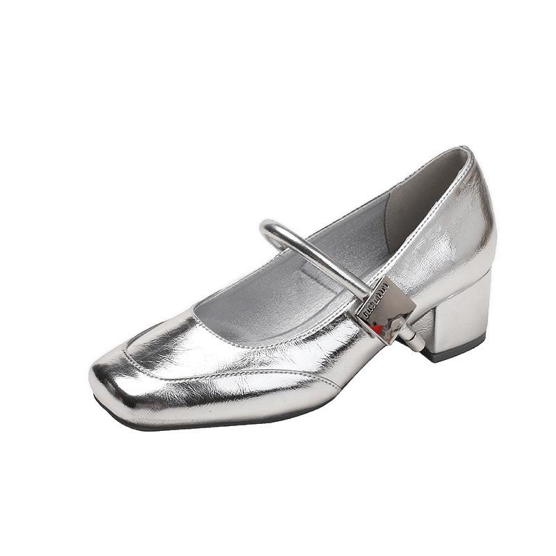 High-heeled soft-leather shallow-mouth single shoes, women's head pedal, new small inner height-increasing thick-heeled shoes, women