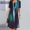 Lady New Dress 3D Printed Short Sleeve Mid-Length Dress Fashion Summer Autumn O-Neck Loose Vintage Dress Elegant Women Clothing