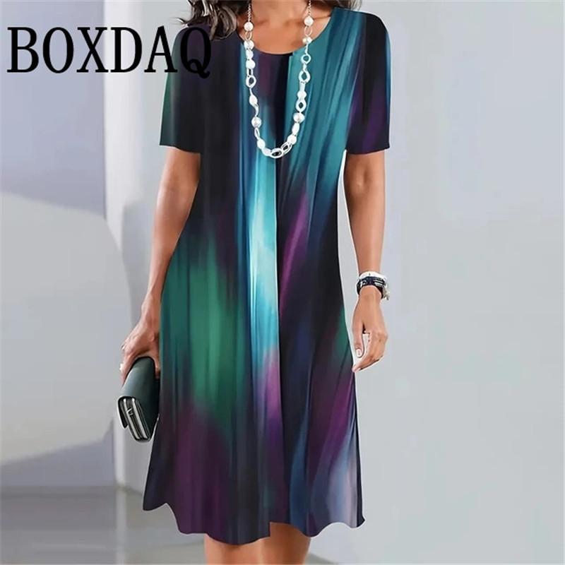 Lady New Dress 3D Printed Short Sleeve Mid-Length Dress Fashion Summer Autumn O-Neck Loose Vintage Dress Elegant Women Clothing