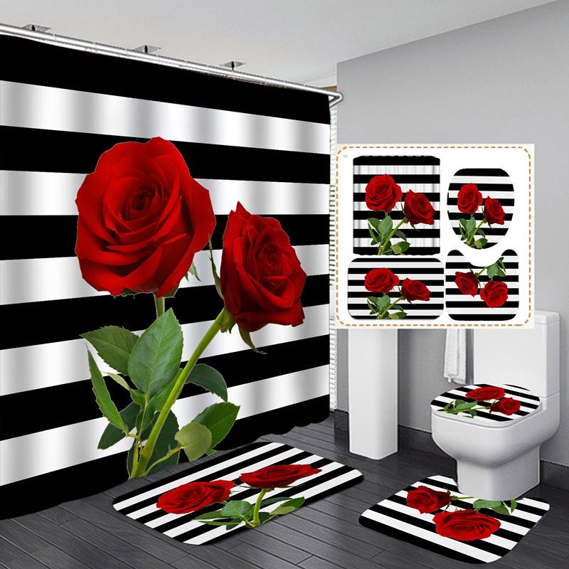 Modern Flowers And Butterfly Waterproof Shower Curtain Set Toilet Seat Cover Bath Nonslip Mat Rug Carpet Bathroom Decor Washable