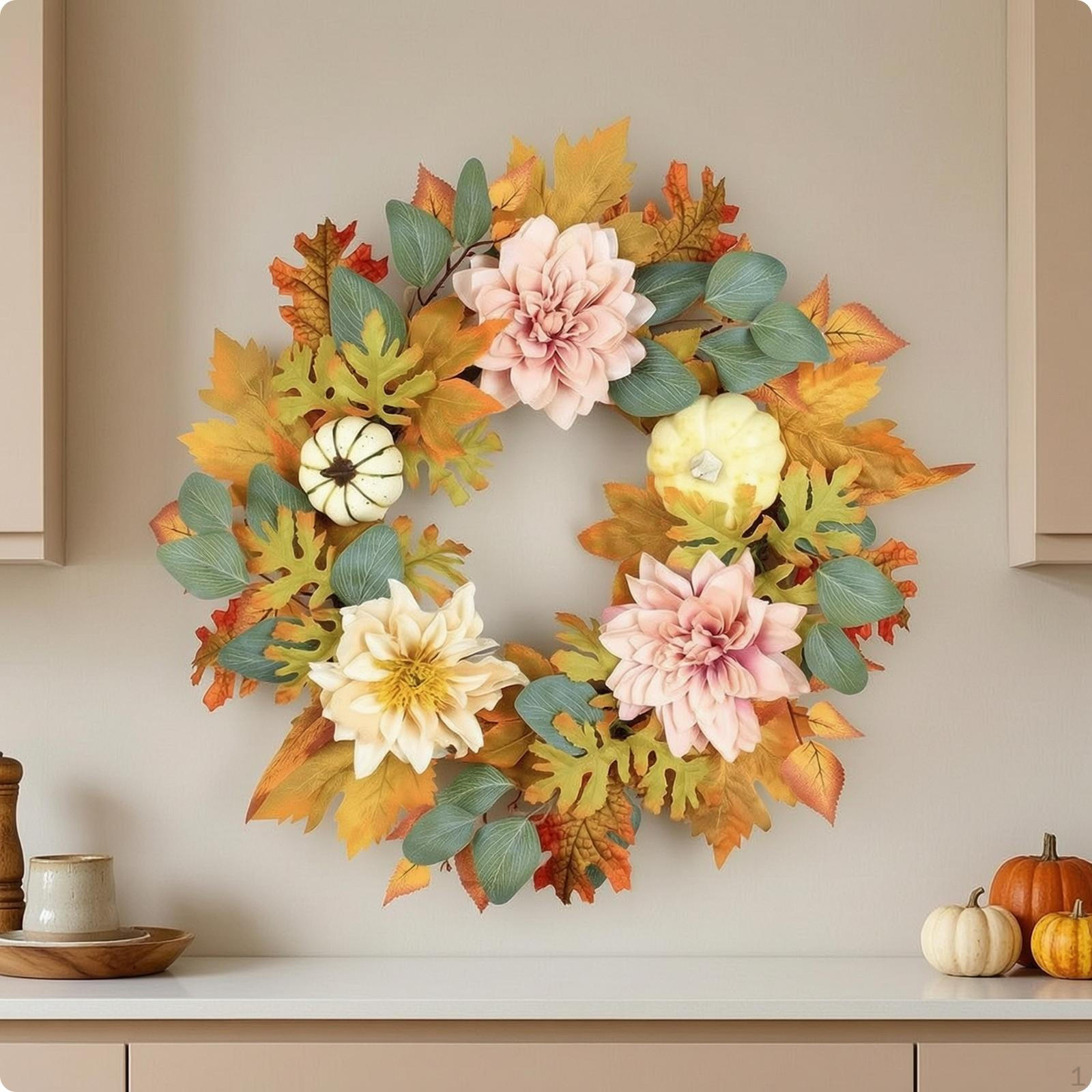 Artificial Wreath with Dahlias Seasonal Fall Pumpkins Premium for Front Door,