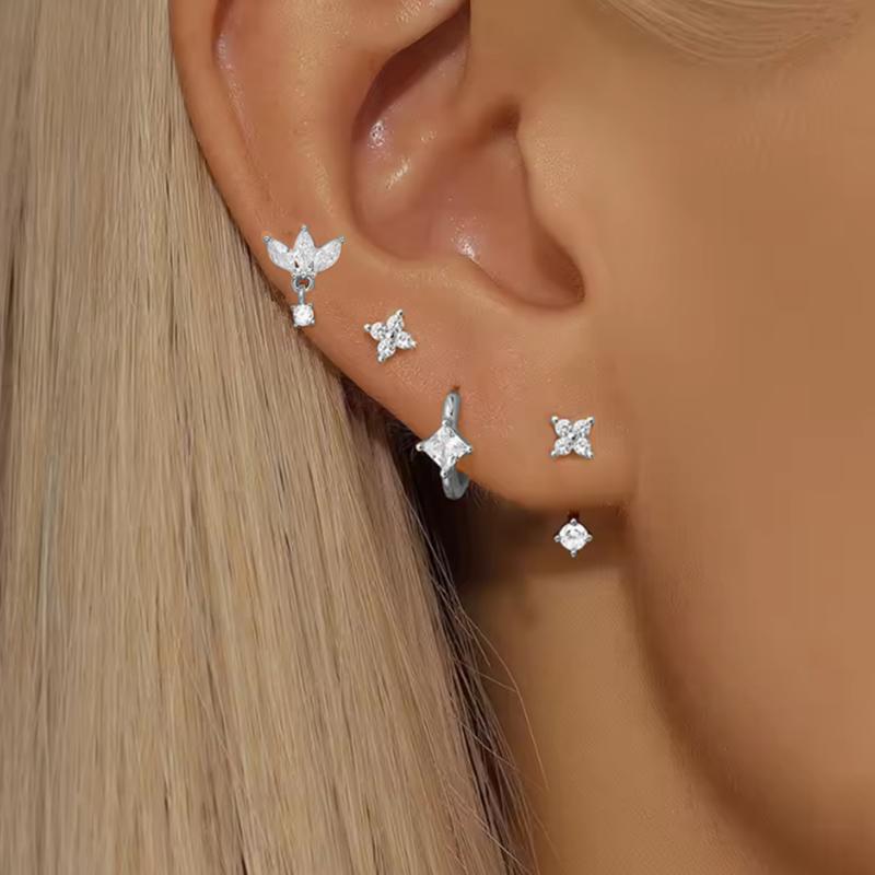 4PCS Zircon Heart Moon Flower Small Hoop Earrings Set For Women Stainless Steel Huggies Pendant Piercing Earrings Jewelry Aretes