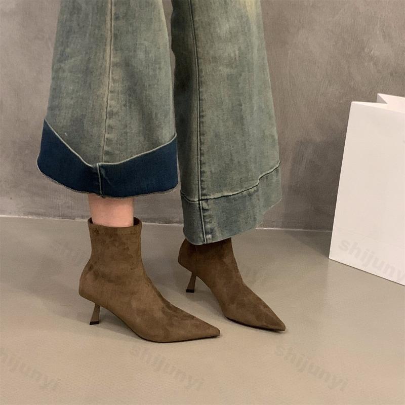 Women Ankle Boots  Autumn Sexy Pointed Toe Fashion Vintage Elegant Party High Heel Short Boot Suede Leather  De Mujer