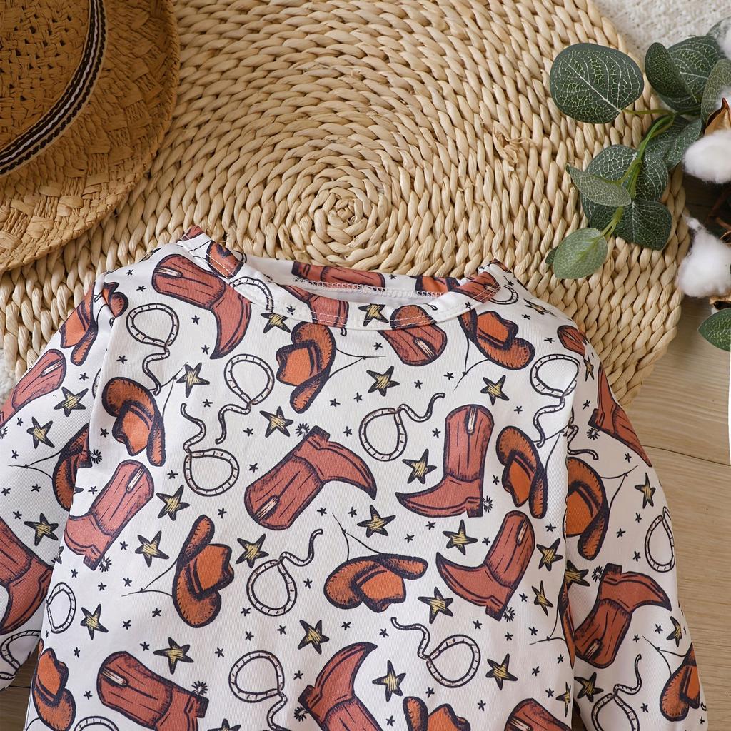 Baby Newborn Infant Girls Spring Autumn Cowboy Hat Print Long Sleeve Romper Jumpsuit Clothes Long Sleeve Toddler