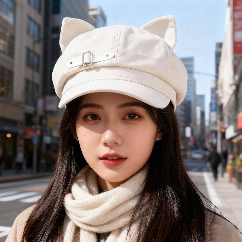 

Two dimensional Subculture Cat Ears Hat for Women Japanese Style British Leather Buckle Octagonal Hat New Beret M（56-58cm）