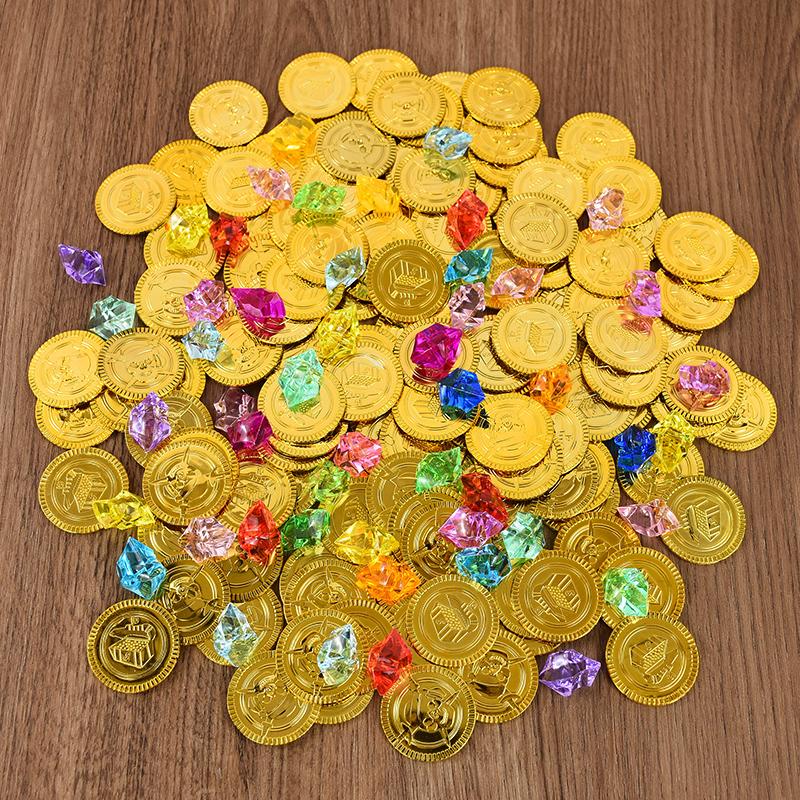200Pcs/set Pirate Gold Coins Gems Jewelry Treasure Toy Kids Pirate Party Decoration Favors Birthday Gift Cosplay Props Halloween