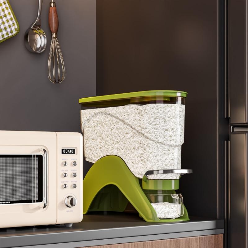 ABS Rice Storage Container with Press Section, Clear Bin and Removable Cup for Countertop Kitchen and Cabinet Access