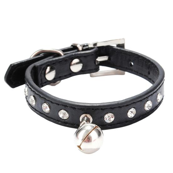 Adjustable Pet Dog Crystal Rhinestone Bell Collar Soft Faux Leather Neck Strap