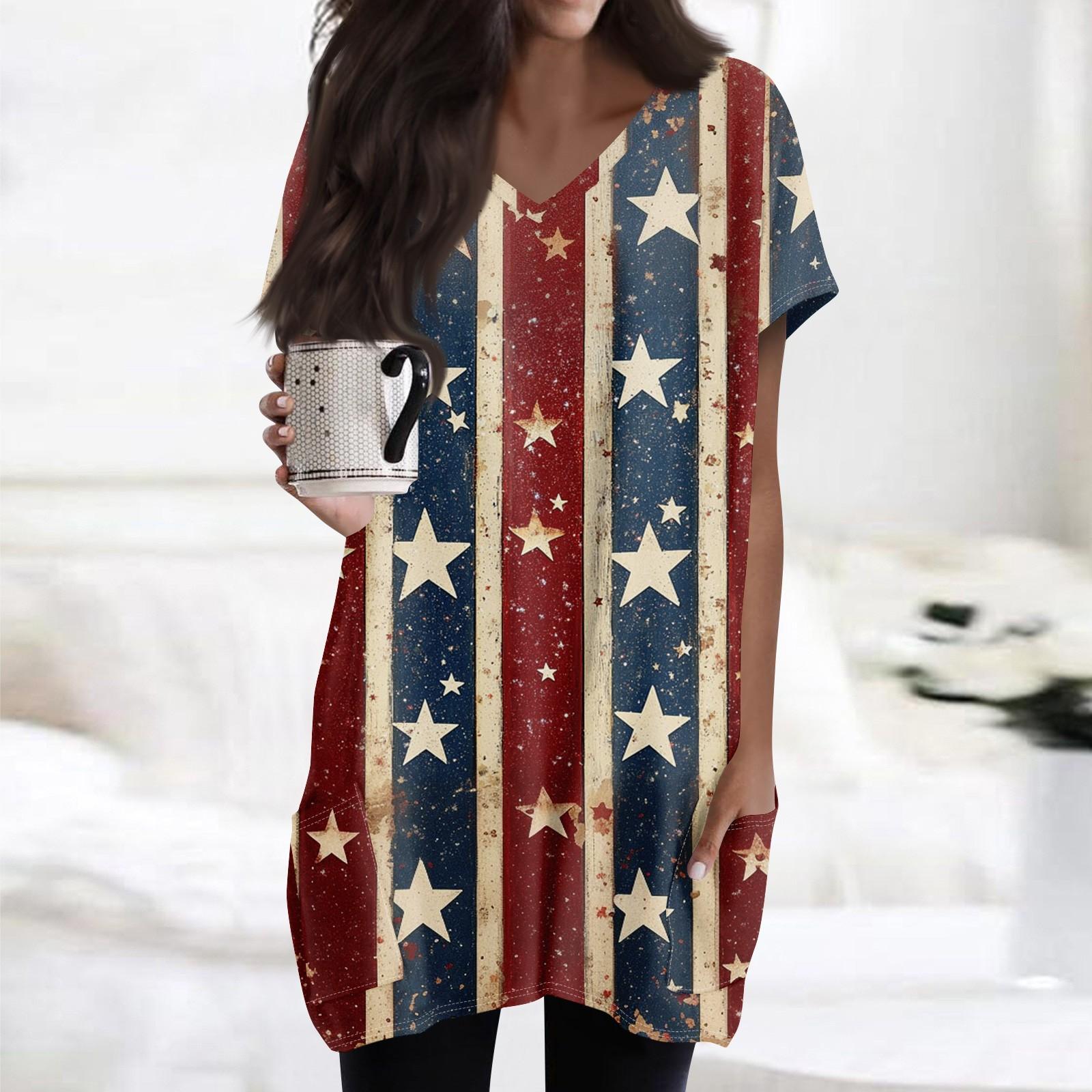 

Женские топы с V-образным вырезом, блузки с коротким рукавом, повседневные рубашки средней длины, модные туники с принтом «День независимости» и карманами S