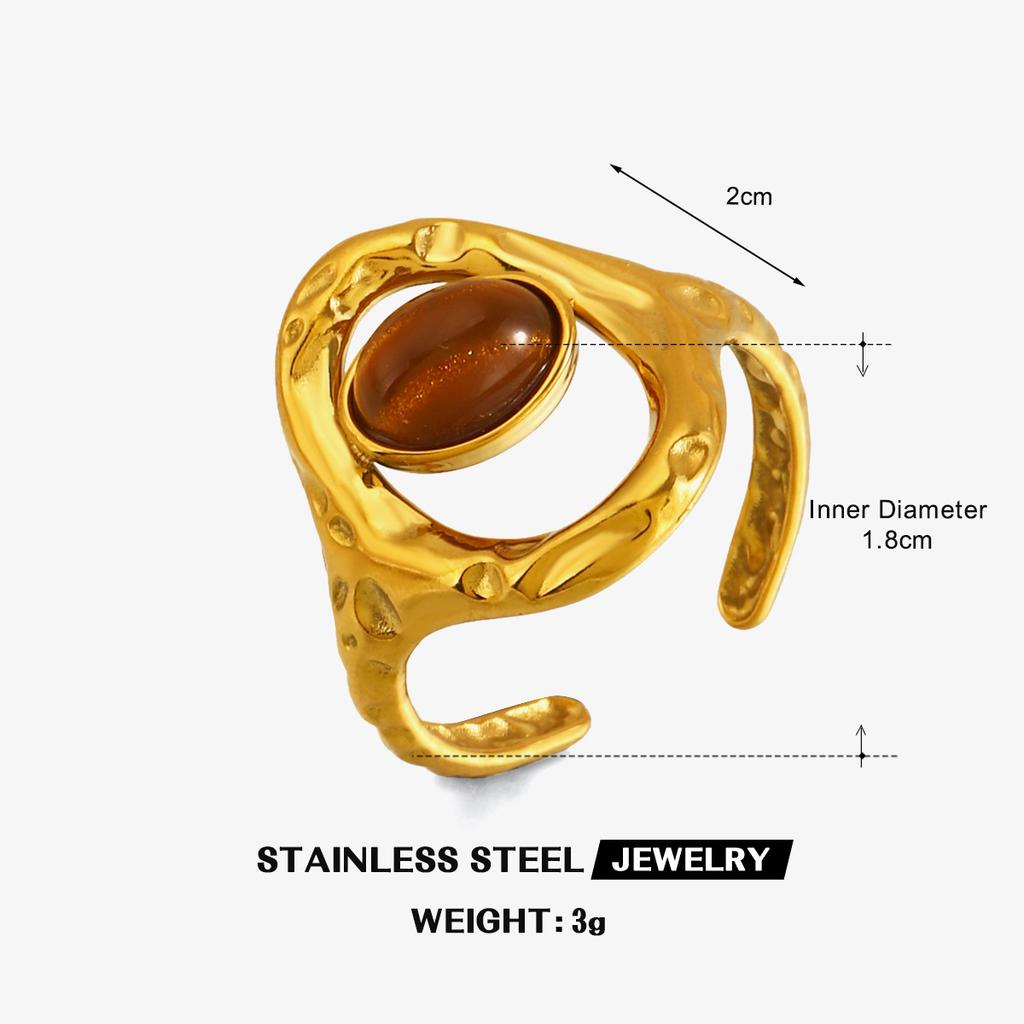 Vintage Stainless Steel Brown Stone Rings for Women Gold Color Geometric Metal Irregular Texture Open Rings Aesthetic Jewelry