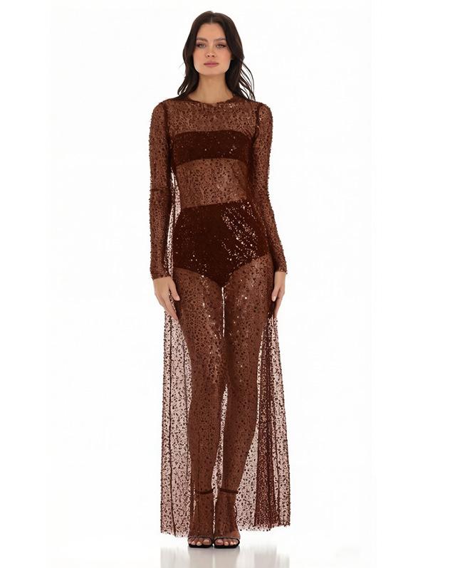 Fashion and sexy European and American style women s clothing vacation style black sequined mesh long-sleeved dress S