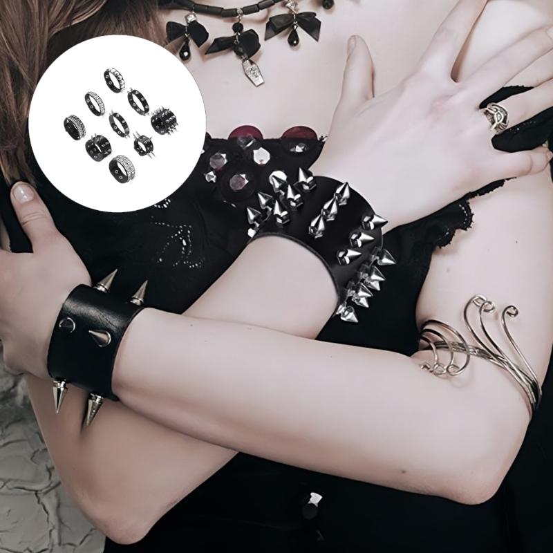 9Pcs Punk Rock Wide Cuff Bracelets Multi Layer Leather With Metal Studs Adjustable Unisex For Daily Wear