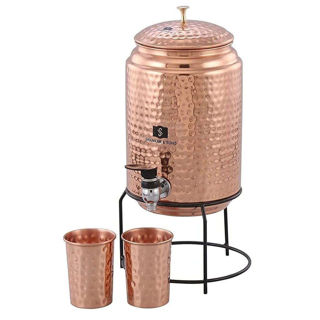 5 Litre Copper Water Dispenser with Stand and 2 Glasses | Hammered Texture, Rustproof & Durable | with Added Health Benefits of Copper