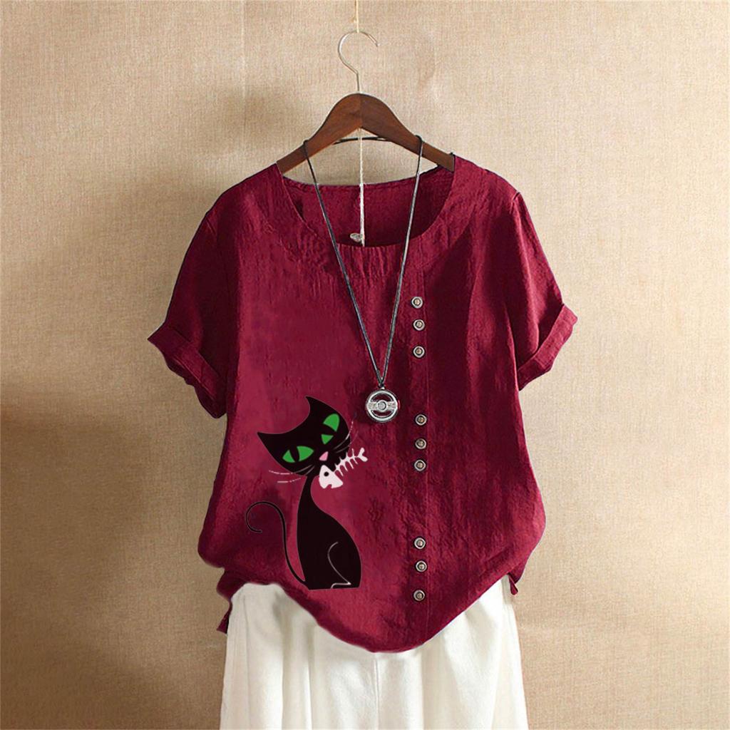 Summer Oversized Cotton and Linen Short-sleeved T-shirt, Cotton and Linen Cat Printed Oversized Women's Clothing