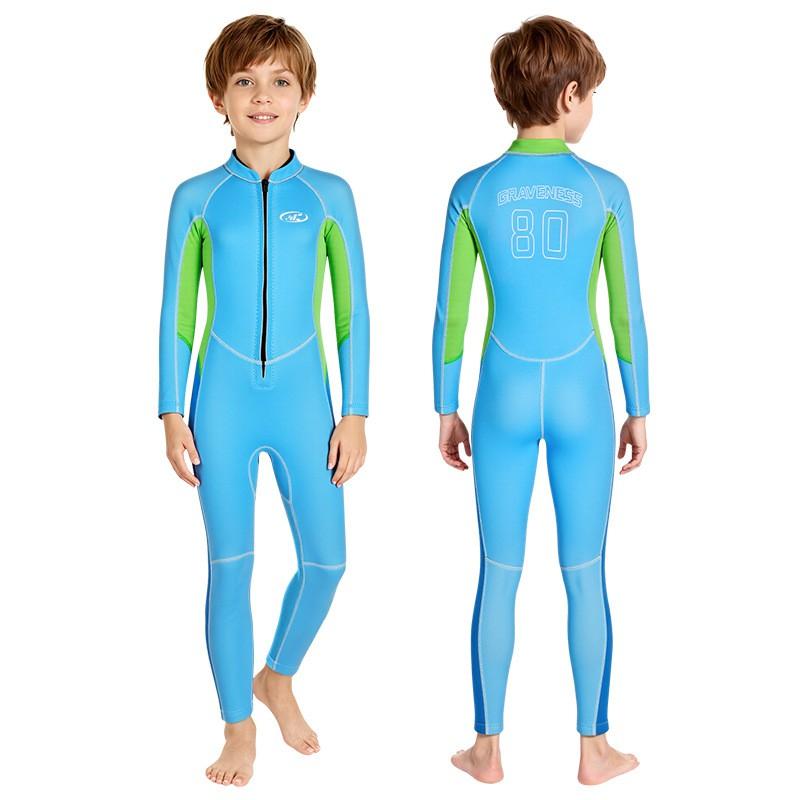 Kinder Ganzkörper-Neoprenanzug Schnorcheln Tauchen Surfen Warm Thermisch Langarm Hose UV-Schutz Schwarz Hellblau