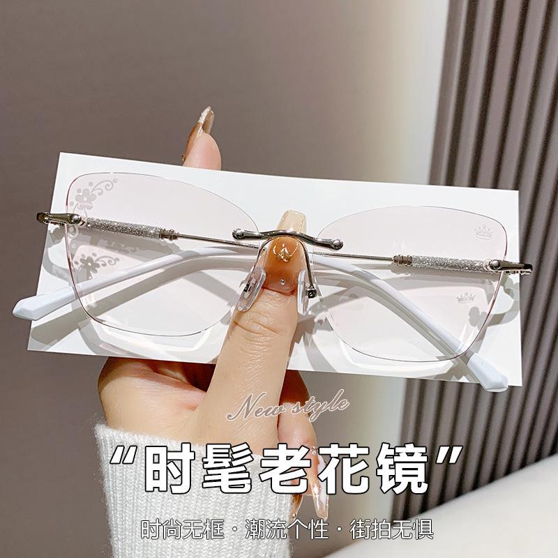Diamond trimmed frameless reading glasses new ultra-light A fashion Internet celebrity anti-blue point diamond high-end reading glasses women