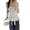 Sweet Wind White Bow Strap Tube Top Women's Summer French Ruffle Edge Chic Waist Slim Top