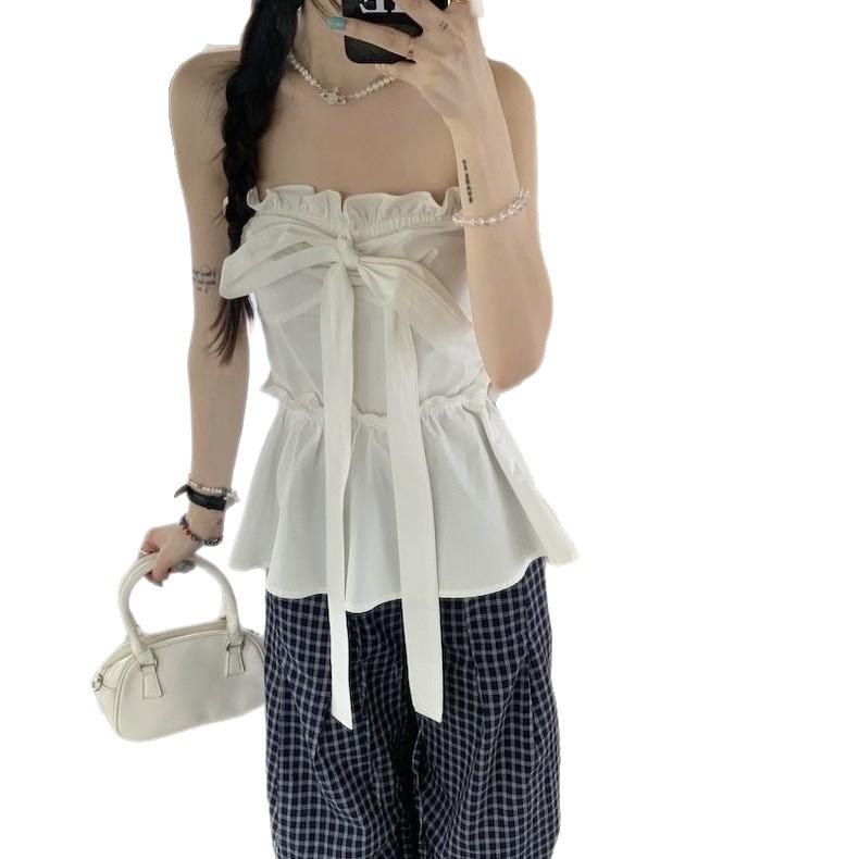 Sweet Wind White Bow Strap Tube Top Women's Summer French Ruffle Edge Chic Waist Slim Top