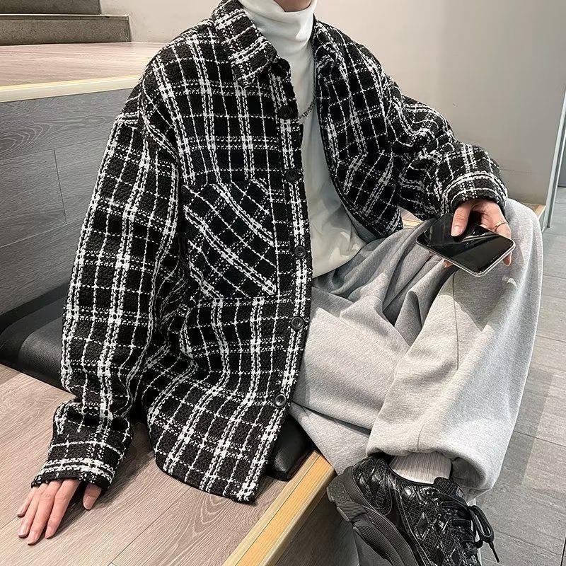 Men's Plaid French-Style Wool Coat - Autumn/Winter Trendy Lapel Loose Jacket.
