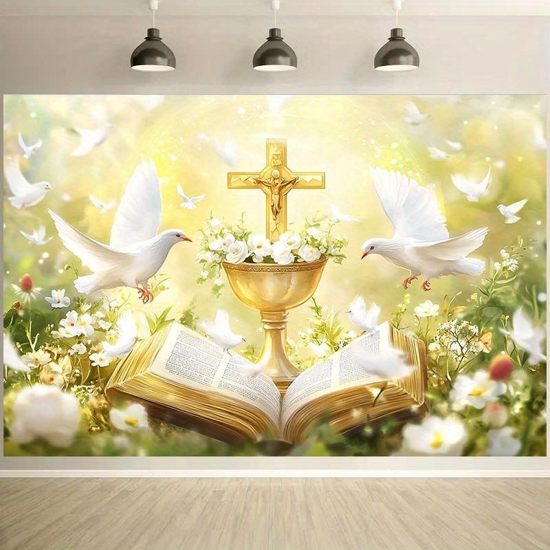 Religious Bible Tapestry Cross DovesHoly Spirit Light Floral Background Church AltarDecoration Christian Faith Wall HangingCloth