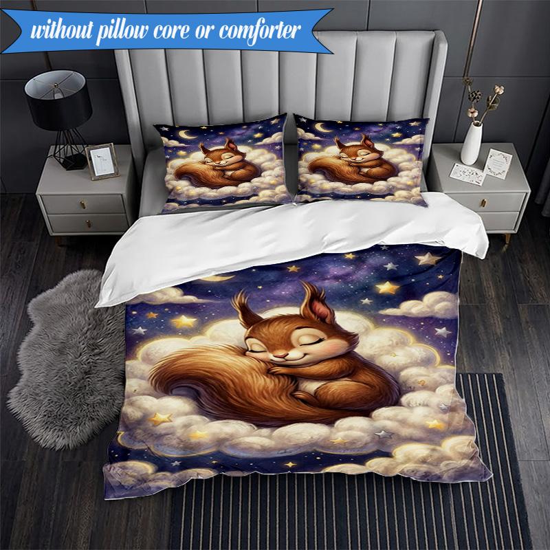3-teiliges Bettwäsche-Set ' Eichhörnchenträume im Mondlicht', Enthält 1 Bettbezug und 2 Kissenbezüge, Perfekt für Schlafzimmer, Wohnheim, Weihnachtsgeschenk für Fans