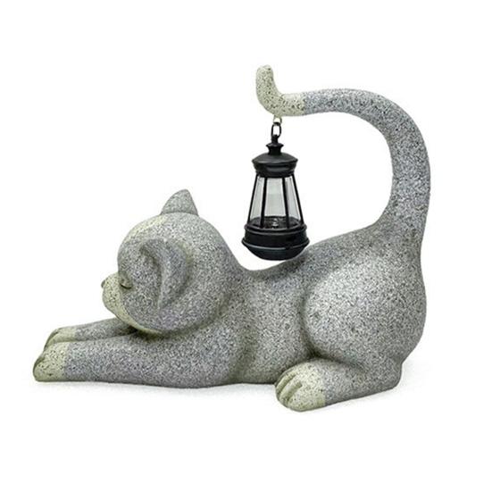 Solar Cat Statue Holding Lantern Waterproof Resin Light Garden Kitty Sculpture Outdoor Kitten