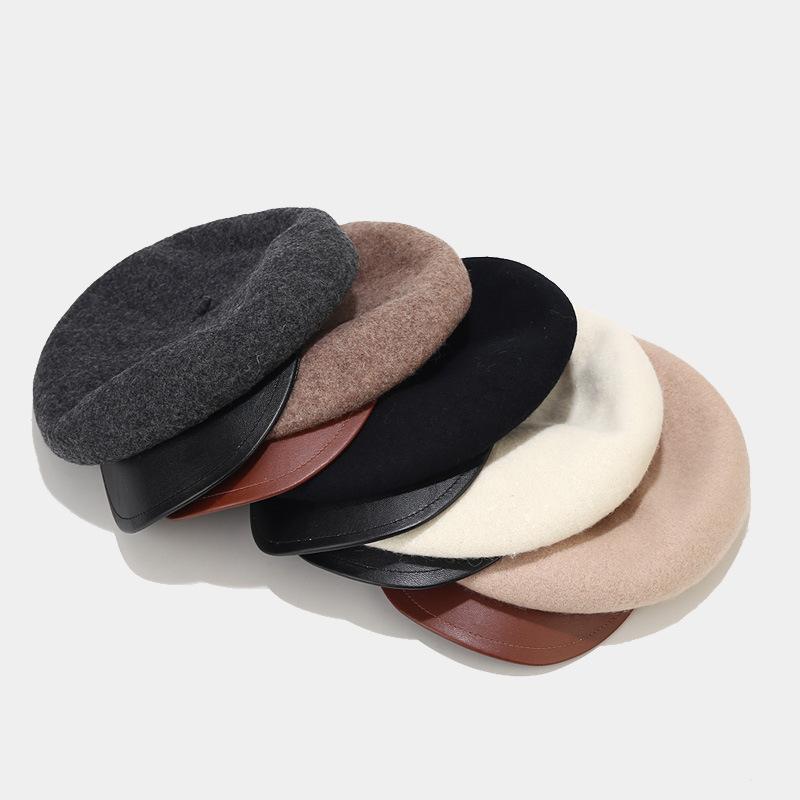 Internet Celebrity Beret Children Autumn and Winter British Retro Woolen Leather Brim Cap Painter Hat Tide
