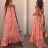 European & American Summer 2026 Women's Printed Spaghetti Strap Long Dress with Big Hem