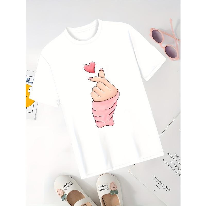 European sizes Girls' Casual Short Sleeve T-Shirt - Black with Pink Heart Hands Print, Soft Stretch Round Neck Top for Spring/Summer Play