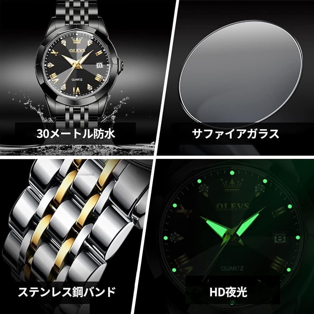 OLEVS Men's Diamond Quartz Analog Watch Black Waterproof Business Date Luminous