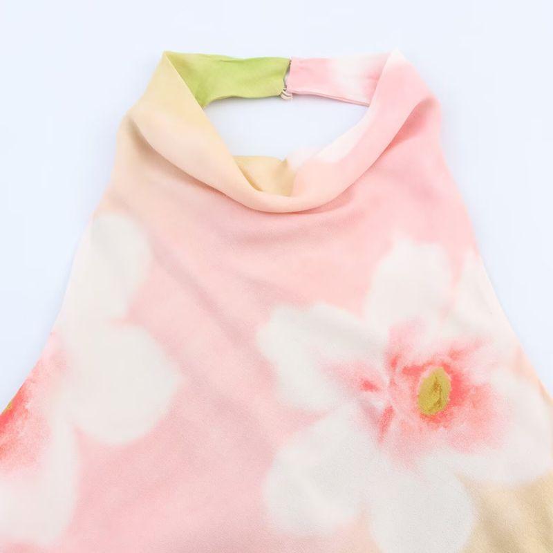 Kaslead New Arrival Women's Clothing Fashion Style Fashion Flower Print Hanging Collar Dress 2587078