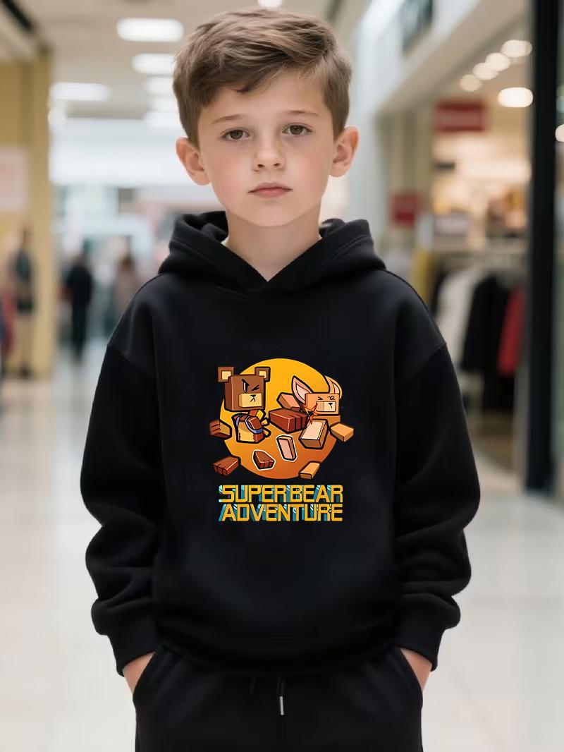 Super Bear Adventure Game-Related Printed Children s Hoodie - Cartoon Bear Boy/Girl Casual Multi-Purpose Hooded Shirt 100