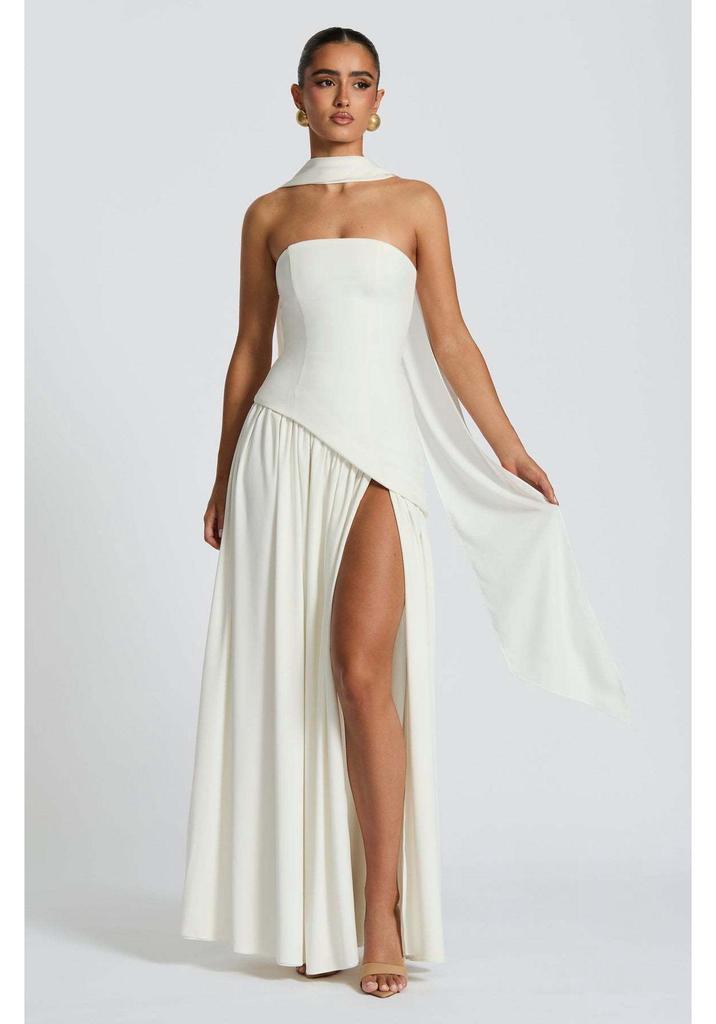 Vestido de mujer sin tirantes, sin espalda y con abertura, estilo europeo y americano, 2025 - Sexy, Color liso, Abertura alta, Vestido largo