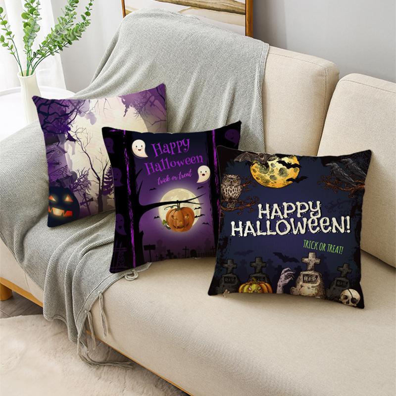 Ins Popular Purple Halloween Night Graveyard Pumpkins Linen Throw Pillowcase Decorative Cushion Cover For Sofa Living Room Party